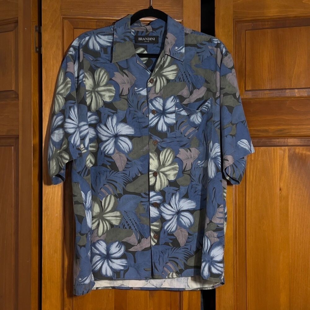 Brandini 100% Pure Silk Men's Hawaiian Shirt Size M Blue Floral Hibiscus